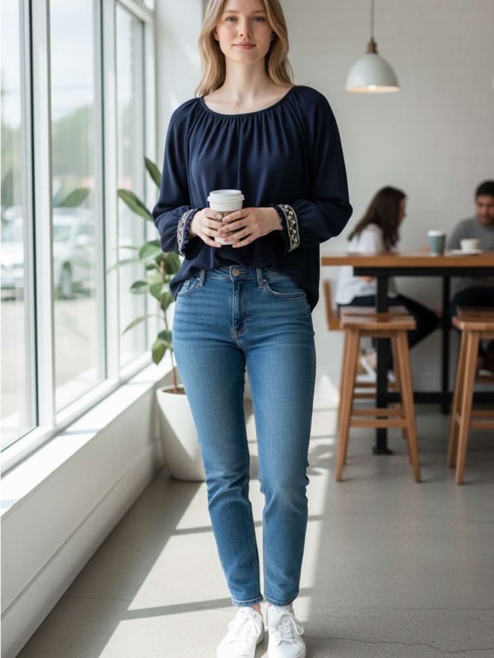 crown & ivy Navy Long-Sleeve Scoop Neck Blouse